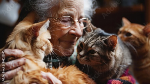 An elderly woman volunteering at an animal shelter, caring for furry companions with compassion photo