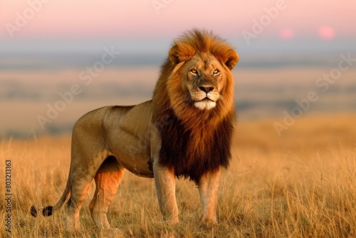 A majestic lion stands tall in the golden savannah