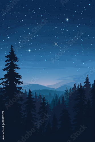 vector illustration of midnight night sky, forest landscape, stars in the distance, dark blue tone, simple flat design 