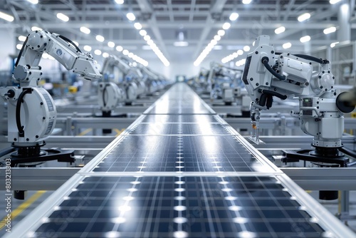 Robotic arms precisely assembling solar panels on a high-tech production line in a brightly lit industrial facility, showcasing advanced manufacturing of renewable energy technology.
