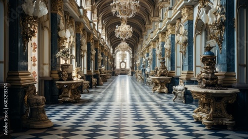 ornate hallway with checkered floor and marble columns photo