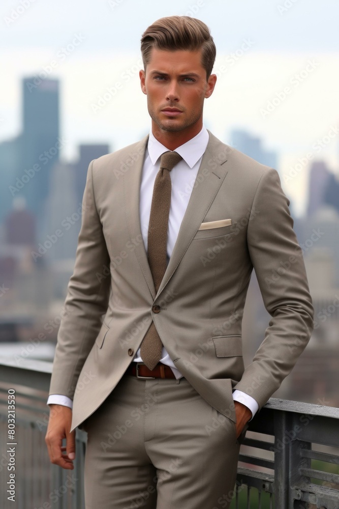 A man in a brown suit standing on a rooftop overlooking a city A man in a brown suit standing on a rooftop overlooking a city