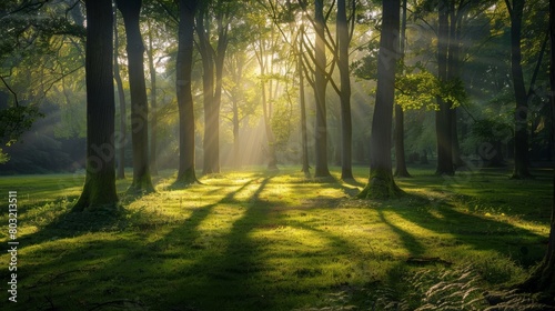 Tranquil forest glade bathed in the soft dawn light, showcasing nature's serenity and peace © Yusif