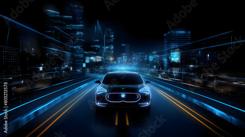 Autonomous Vehicles Technology with Blue and White Self driving Cars and Traffic Lights and GPS Navigation on Black Background