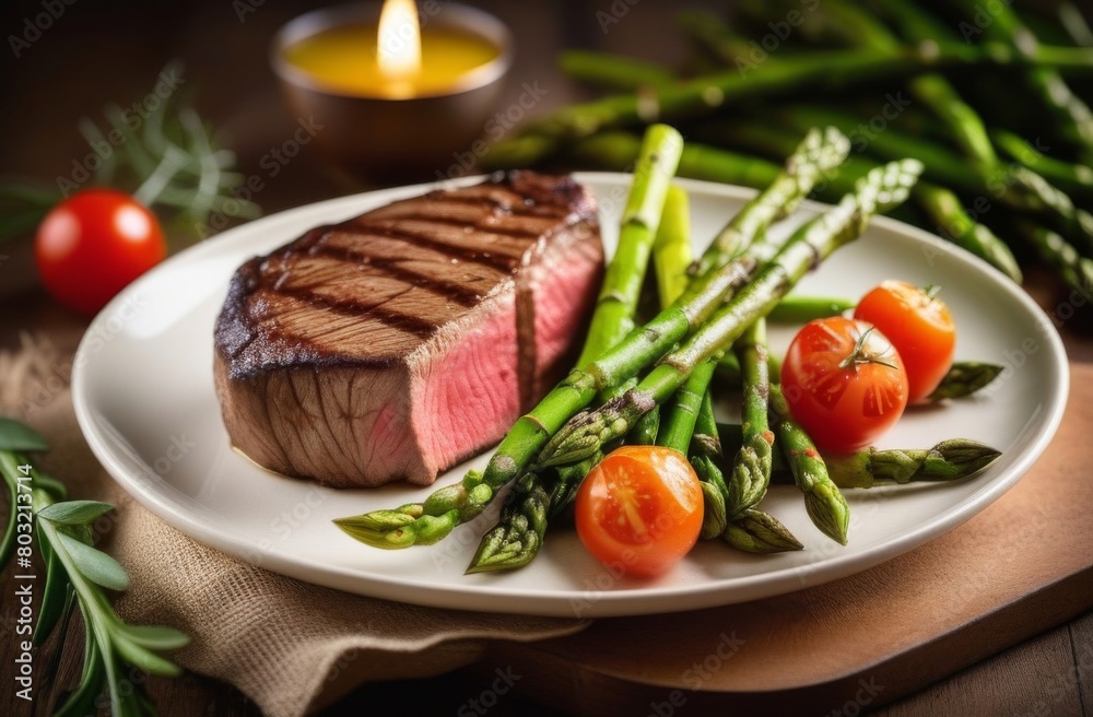 Grilled medium rare beef steak with cherry tomatoes and asparagus on a white plate Grilled medium rare beef steak with cherry tomatoes and asparagus on a white plate