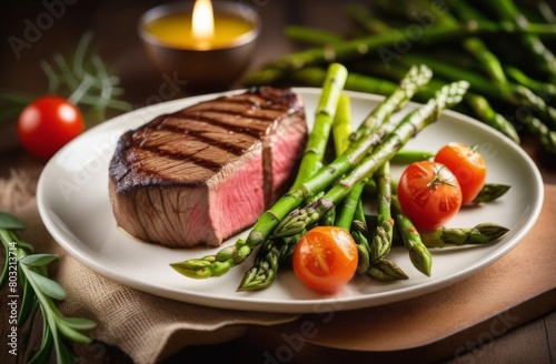 Grilled medium rare beef steak with cherry tomatoes and asparagus on a white plate