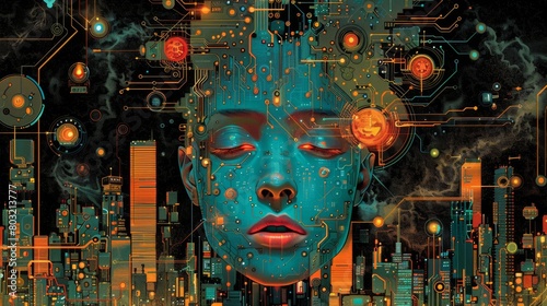 Futuristic AI Entity in Circuit Board Background with Vibrant Colors