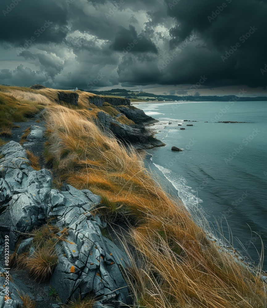 Rocky coast with stormy sea and grassy cliff edge Rocky coast with stormy sea and grassy cliff edge