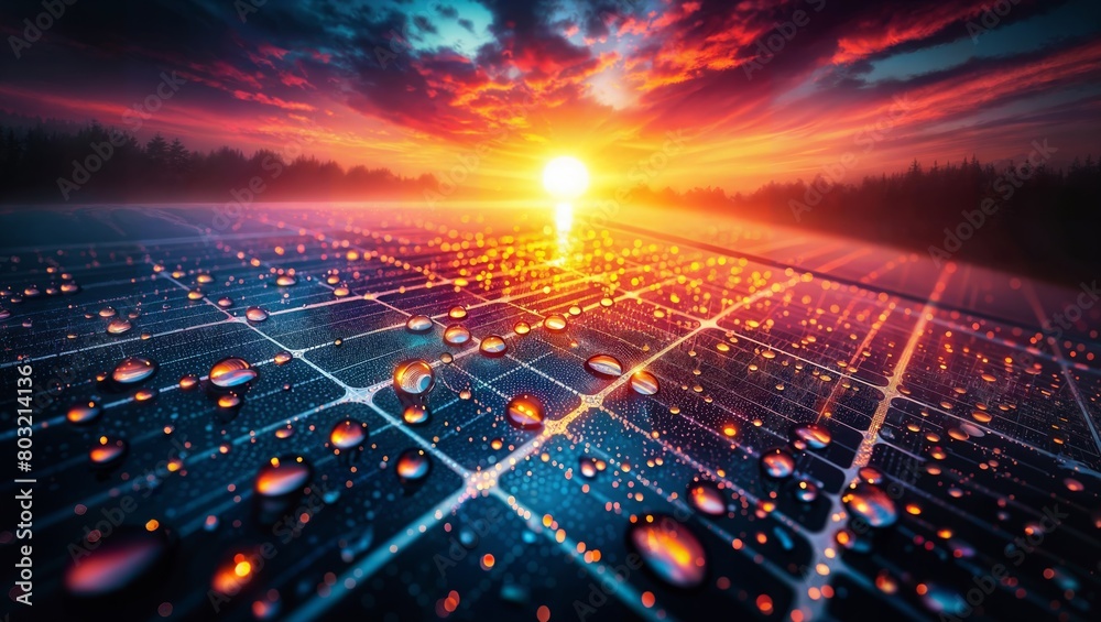A mesmerizing view of solar panels glistening with dew at sunrise, showcasing a blend of technology and nature under a vibrant sky.