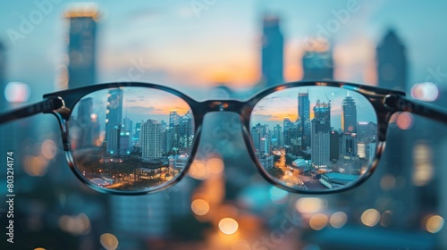 Close up of spectacles on blurry city background.