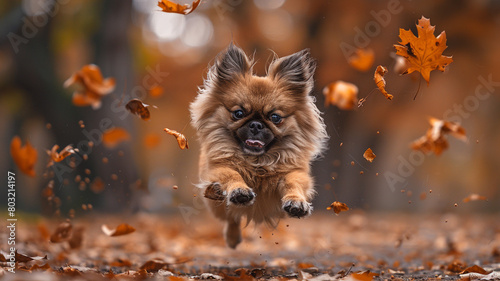 A fluffy Pekingese dog leaping with determination, aiming to catch a falling leaf in a tranquil autumn park. photo