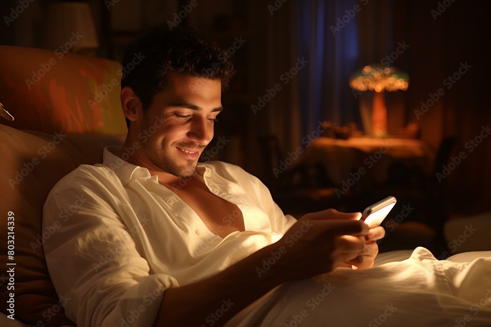 Man smiling while texting on his phone in bed Man smiling while texting on his phone in bed