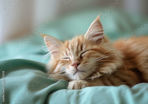 A ginger cat is sleeping on a bed