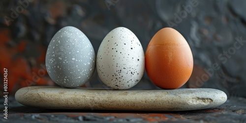 Three eggs of different colors on a stone photo