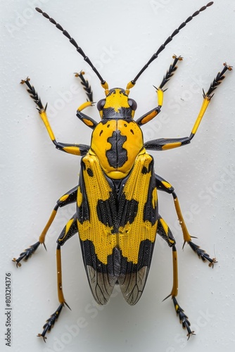 A black and yellow longhorn beetle on a white background photo