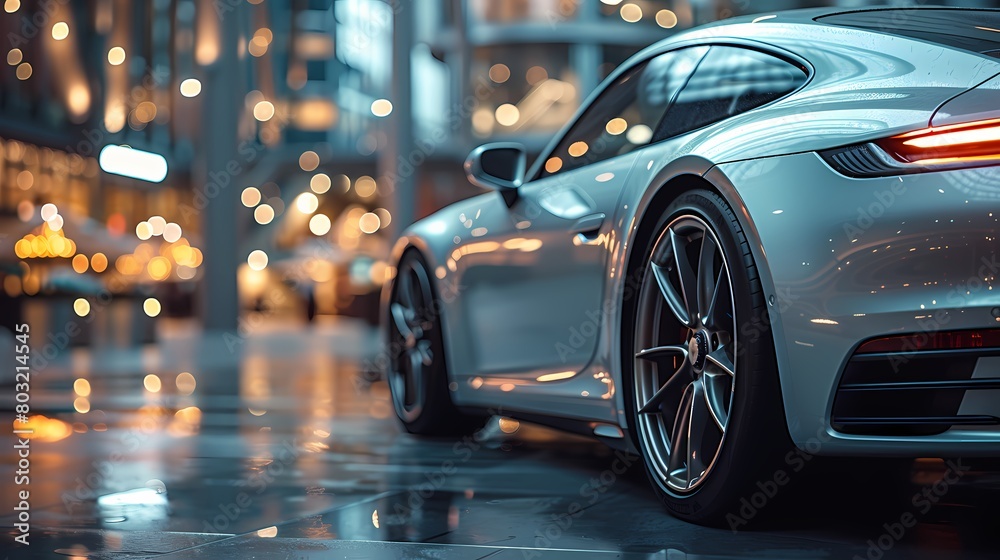 A stunning silver luxury car, parked in front of a modern cityscape, captured in HD to highlight its elegance and sophistication