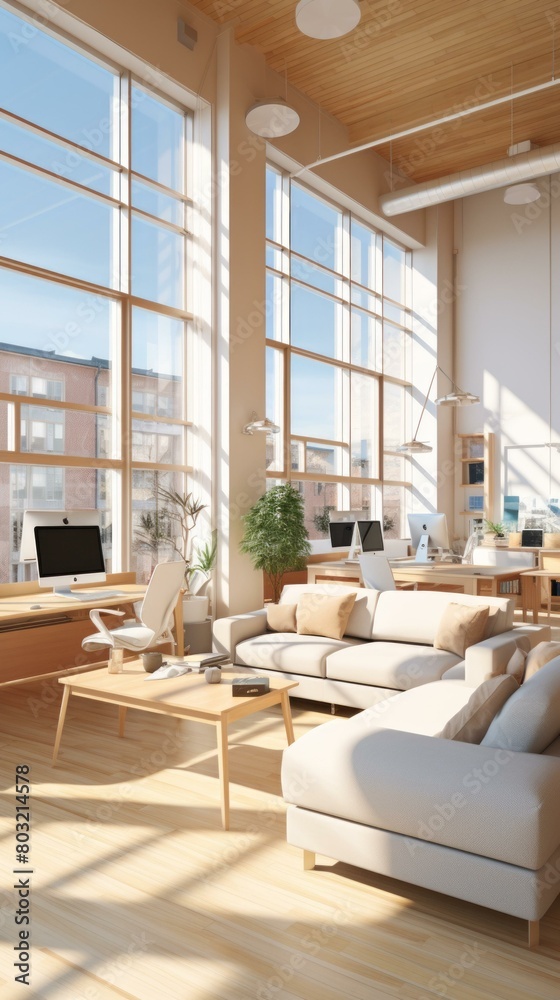 Fototapeta premium 3D rendering of a modern office interior with large windows, a wooden floor, and a comfortable sofa