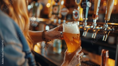 Close-up of a woman's hand holding a freshly poured beer at a bar with multiple taps in the background.
