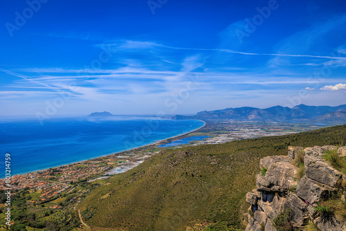 Panoramic view of the Lazio coast in Italy, from the top of the rocky mountain. Bottom left is the small village of Sperlonga and in the background the bay and the Circeo mountain.