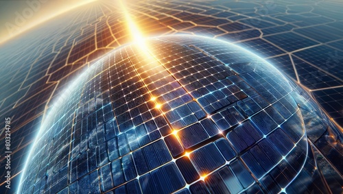 A radiant globe covered in solar panels illuminates under the sun, symbolizing green energy and sustainable power generation. © VITALII