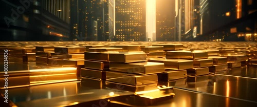 Realistic 3D depiction of minimalist gold bars used as barricades in a financial district, guarding assets, photo