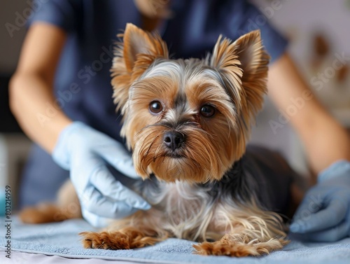 Yorkshire Terrier being examined by a veterinarian