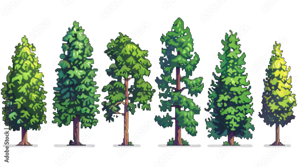 8 bit pixel art of pine trees in a row in isolated on transparent ...