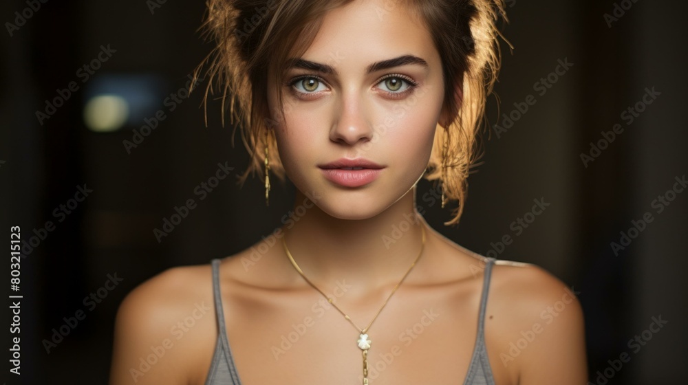 portrait of a young woman with green eyes and brown hair