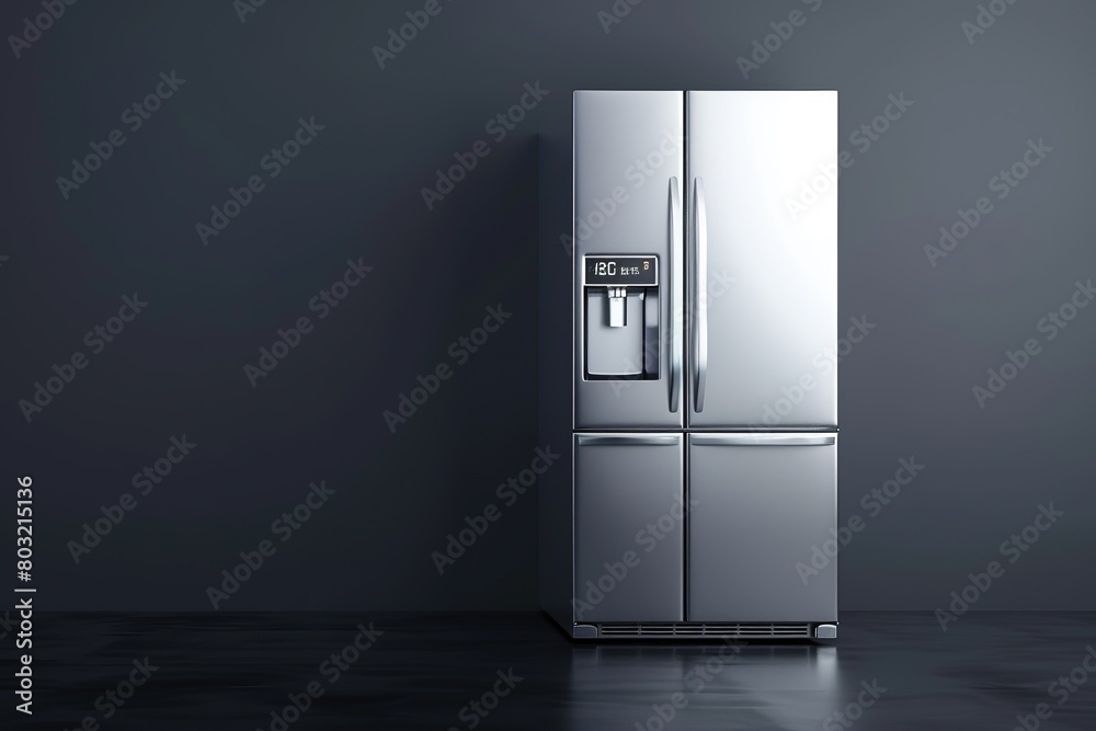 Modern black fridge in dark room with black walls, Ai Generated Modern black fridge in dark room with black walls, Ai Generated