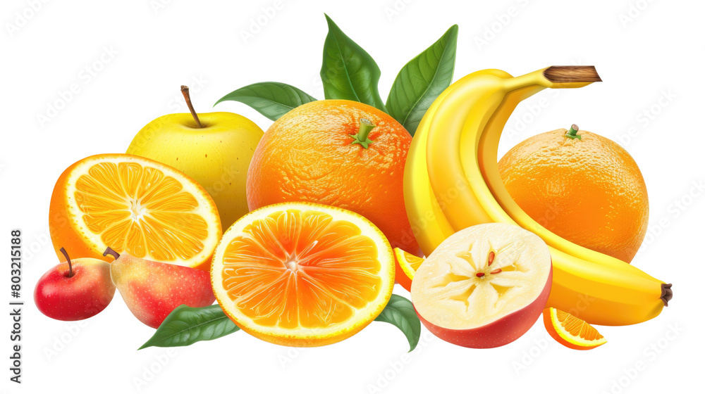 A variety of fresh fruits, including apples, oranges, bananas, and pears in isolated on transparent background A variety of fresh fruits, including apples, oranges, bananas, and pears in isolated on transparent background