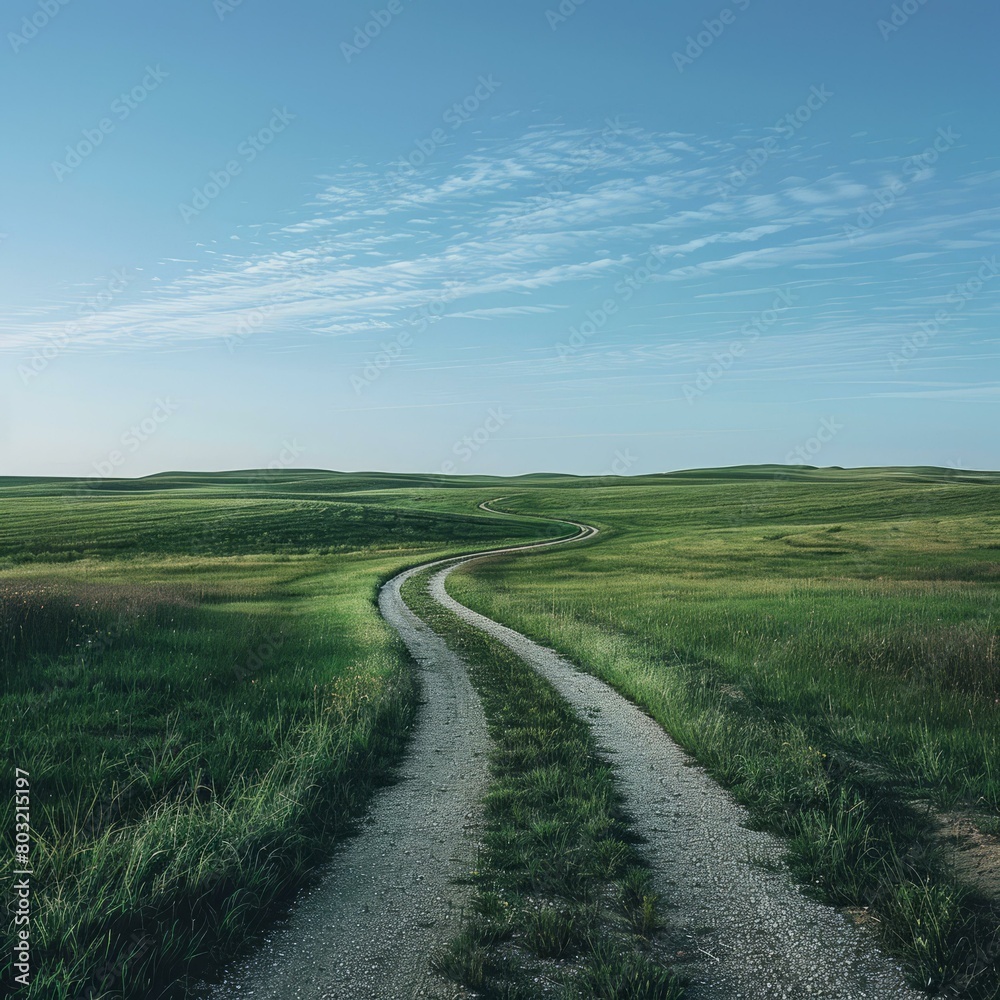 A dirt road curves through a lush green field