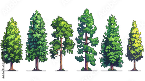 8 bit pixel art of pine trees in a row in isolated on transparent background