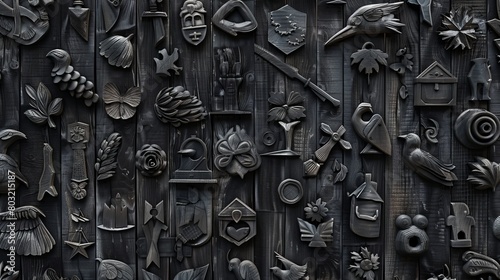 Diverse monochrome icons carved into a weathered wooden wall capturing history and nature