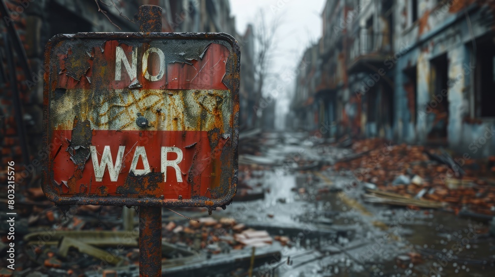 Red 'Stop War' letters are spray-painted onto a dilapidated building, standing out in a call for peace amidst the ruins.