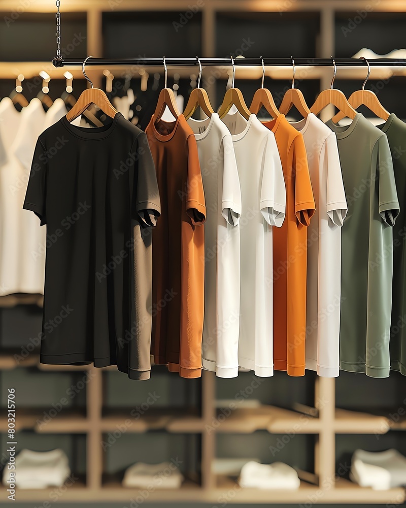 Display of various t-shirt designs hanging on wooden hangers in a boutique store Display of various t-shirt designs hanging on wooden hangers in a boutique store