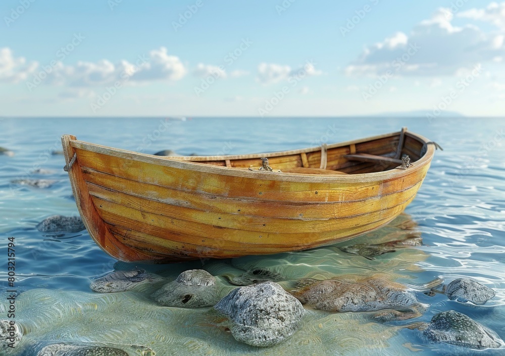 Wooden boat on calm water near rocky shore Wooden boat on calm water near rocky shore