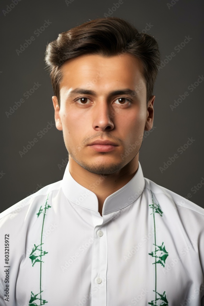 Portrait of a young man in a white shirt with green embroidery Portrait of a young man in a white shirt with green embroidery