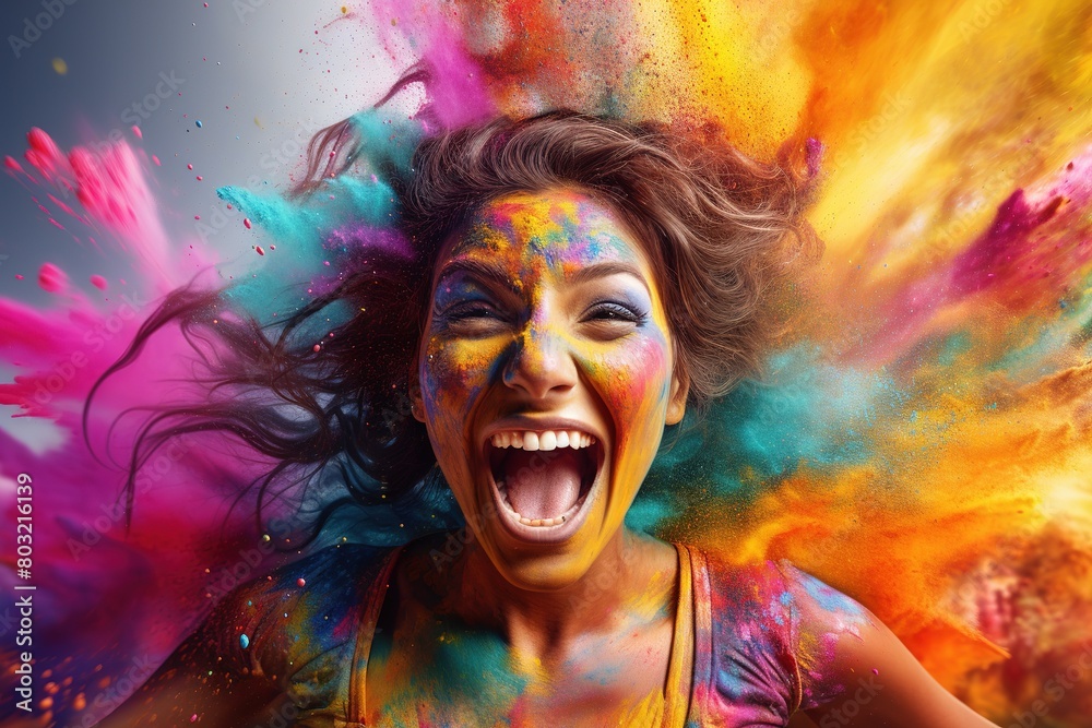 Portrait of a happy young woman with face painted in bright colors, Ai Generated