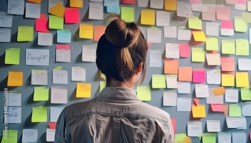 Person making decisions looking at wall of notes. Corporate office concept options , generated by AI