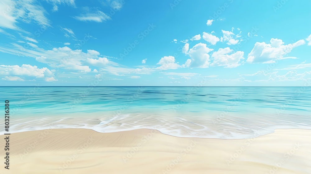 Panoramic view of a serene beach with soft golden sands and a clear blue sky