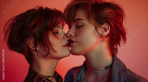 Two queer women sharing a kiss under a red light  showcasing modern style.