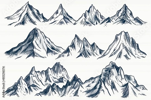 handdrawn doodle set of mountain peaks with rough sketchy style concept illustration photo