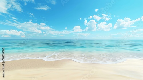 Panoramic view of a serene beach with soft golden sands and a clear blue sky