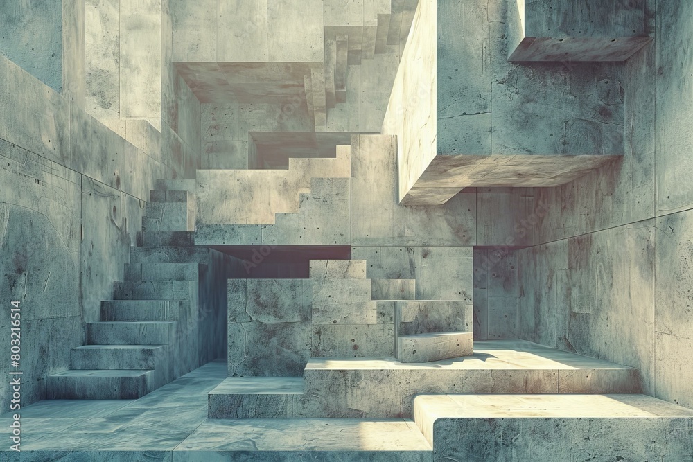 Abstract concrete blocks with stairs and platforms in a geometric pattern Abstract concrete blocks with stairs and platforms in a geometric pattern