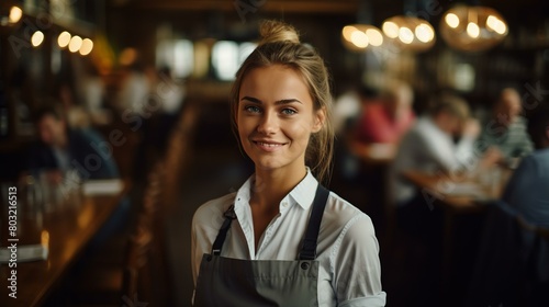 Portrait of a Smiling Waitress in a Busy Restaurant photo