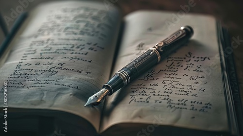 A fountain pen resting on an open journal, its nib glistening with ink, ready to script the narratives of learning photo