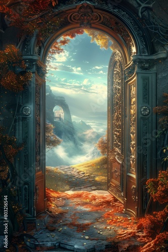 ornate golden door in a stone archway in a fantasy forest