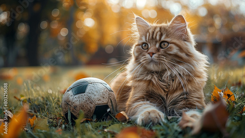 A fluffy Persian cat lounging next to a soccer ball, seemingly uninterested in the game happening around it. photo