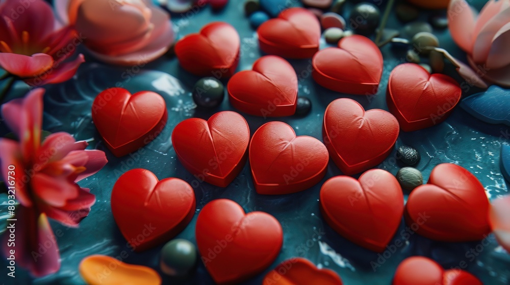 A detailed view of the coating process for red heartshaped pills, with a backdrop of romantic imagery A detailed view of the coating process for red heartshaped pills, with a backdrop of romantic imagery