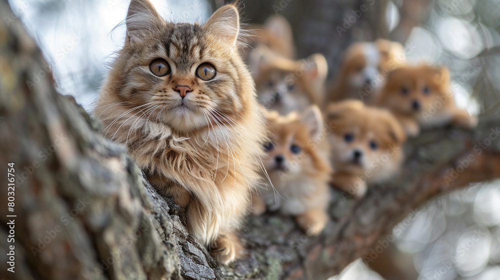 A fluffy Persian cat perched on a tree branch, watching curiously as a group of puppies play below.